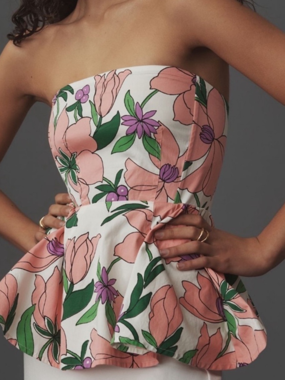 Banjanan Blouse Della Strapless Peplum in Pink Floral
